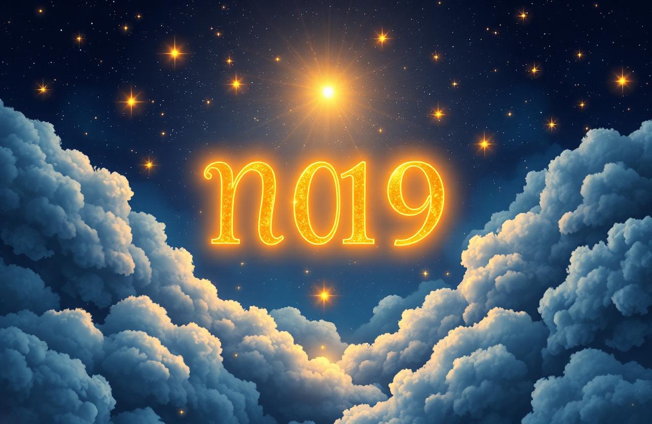 Glowing golden letters and numerals floating among deep blue night-sky clouds and stars