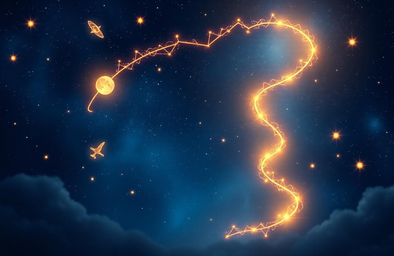 A glowing golden winding path of light through a deep blue cosmos with constellations and stars